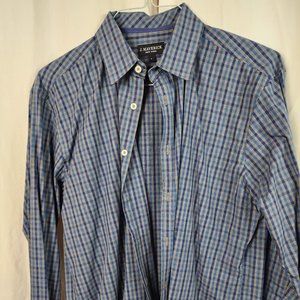 J. Maverick New York gray and blue checked long sleeve dress shirt size Large